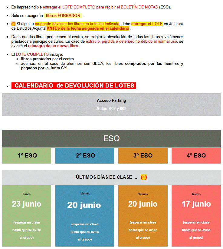 Calendario Devolución Libros ESO