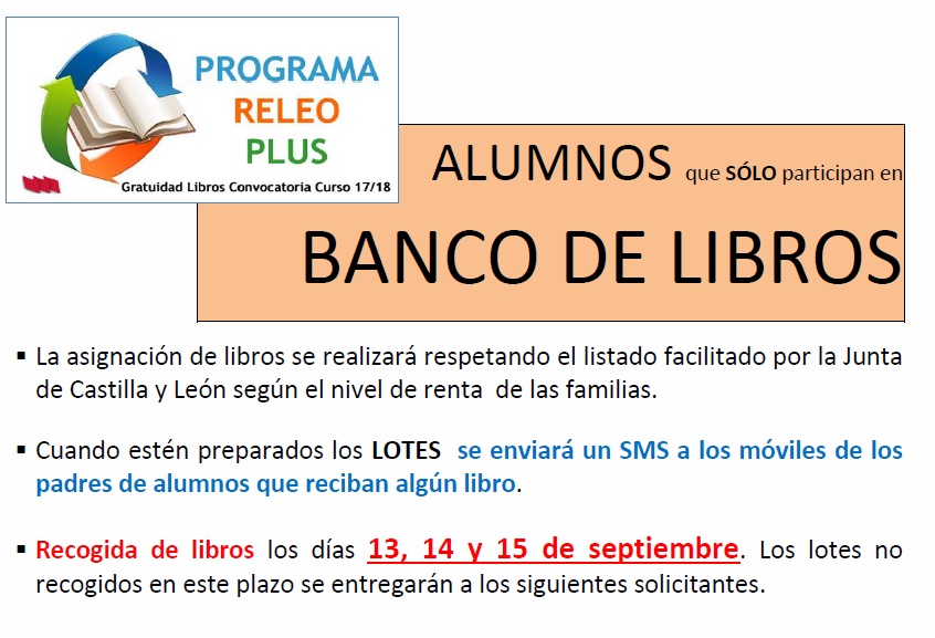 Entrega de libros a alumnos que participan solo en el BANCO de LIBROS. Entre en 13 y el 15 de septiembre